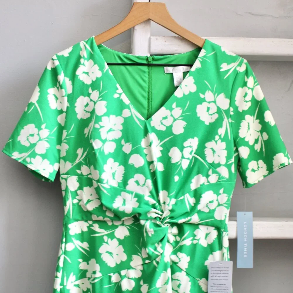 LONDON TIMES Twisted Sheath Floral Short Sleeve Dress Green & White Size 8 NWT - Picture 5 of 8
